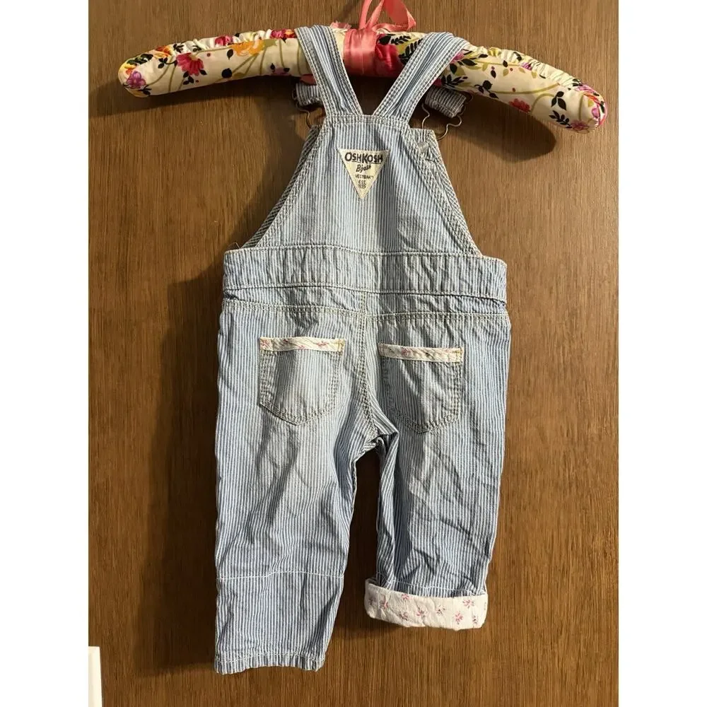 OshKosh B'Gosh Converstible hickory stripe overalls floral trip vestbak sz 6M